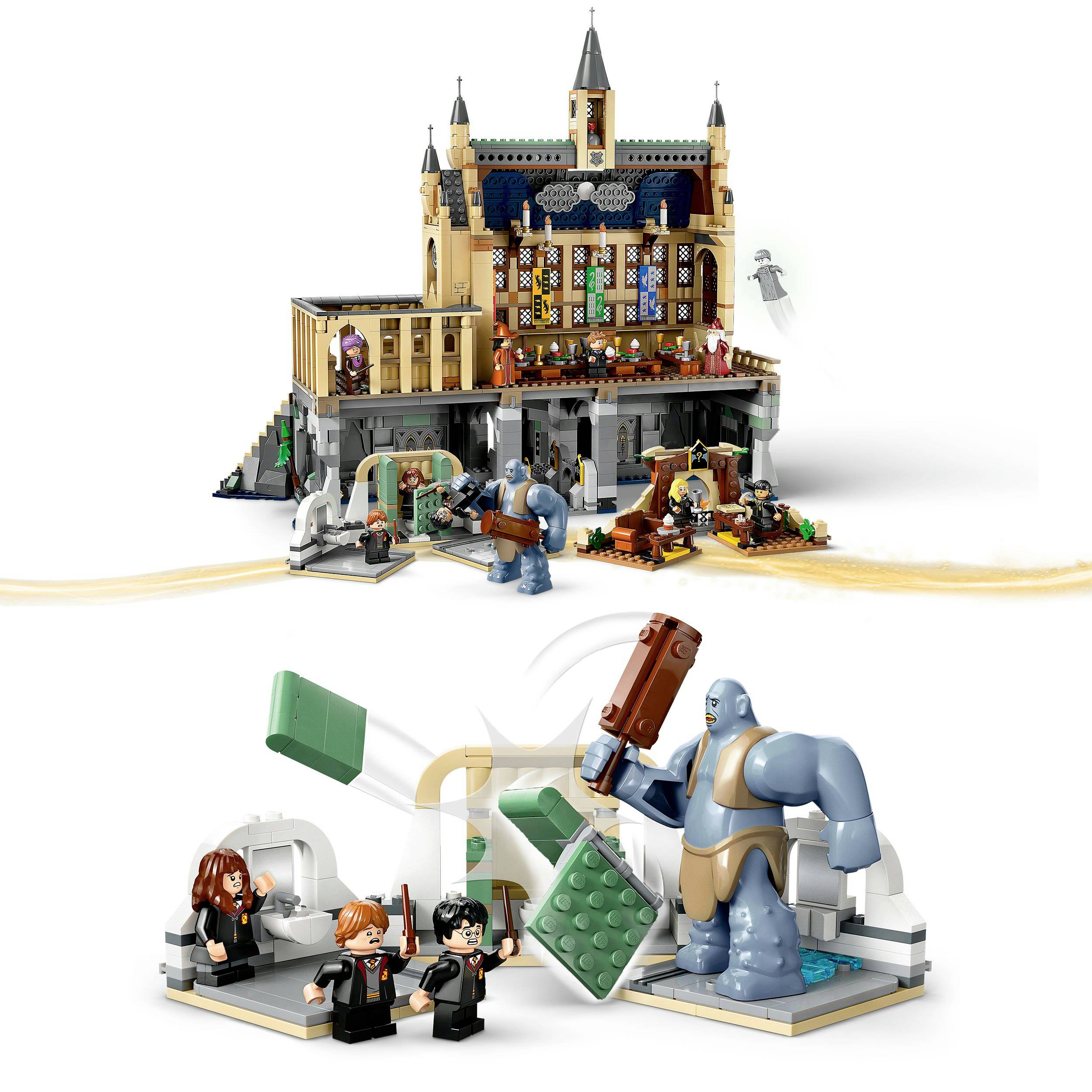 Un ensemble de jeu Lego représente une scène de château avec des figurines et un géant. Trois personnages interagissent avec le géant sur une plateforme inférieure.