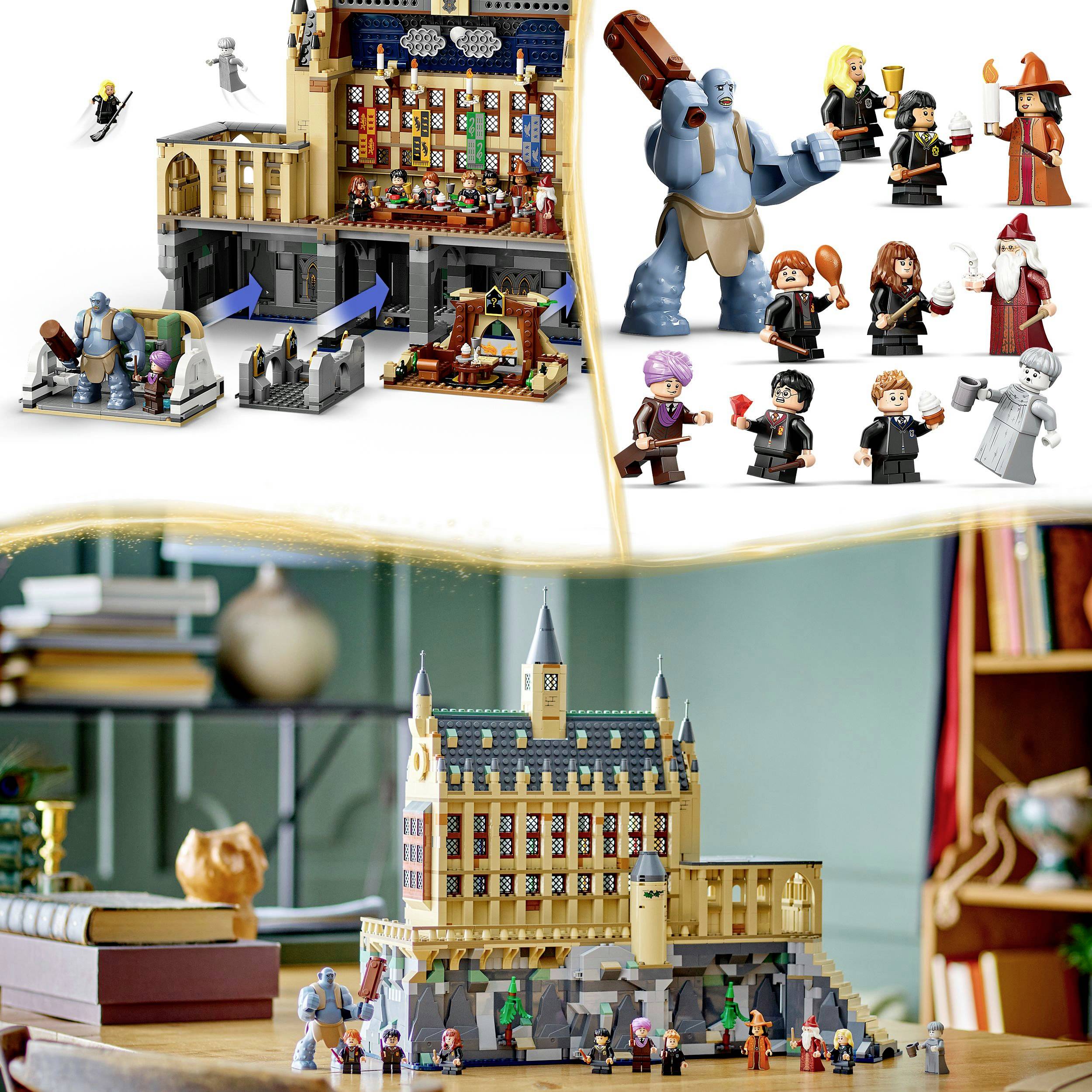 Scène animée en Lego représentant des personnages et une construction dans le style de Poudlard. Les figurines incarnent des personnages magiques dans une scène d'aventure.