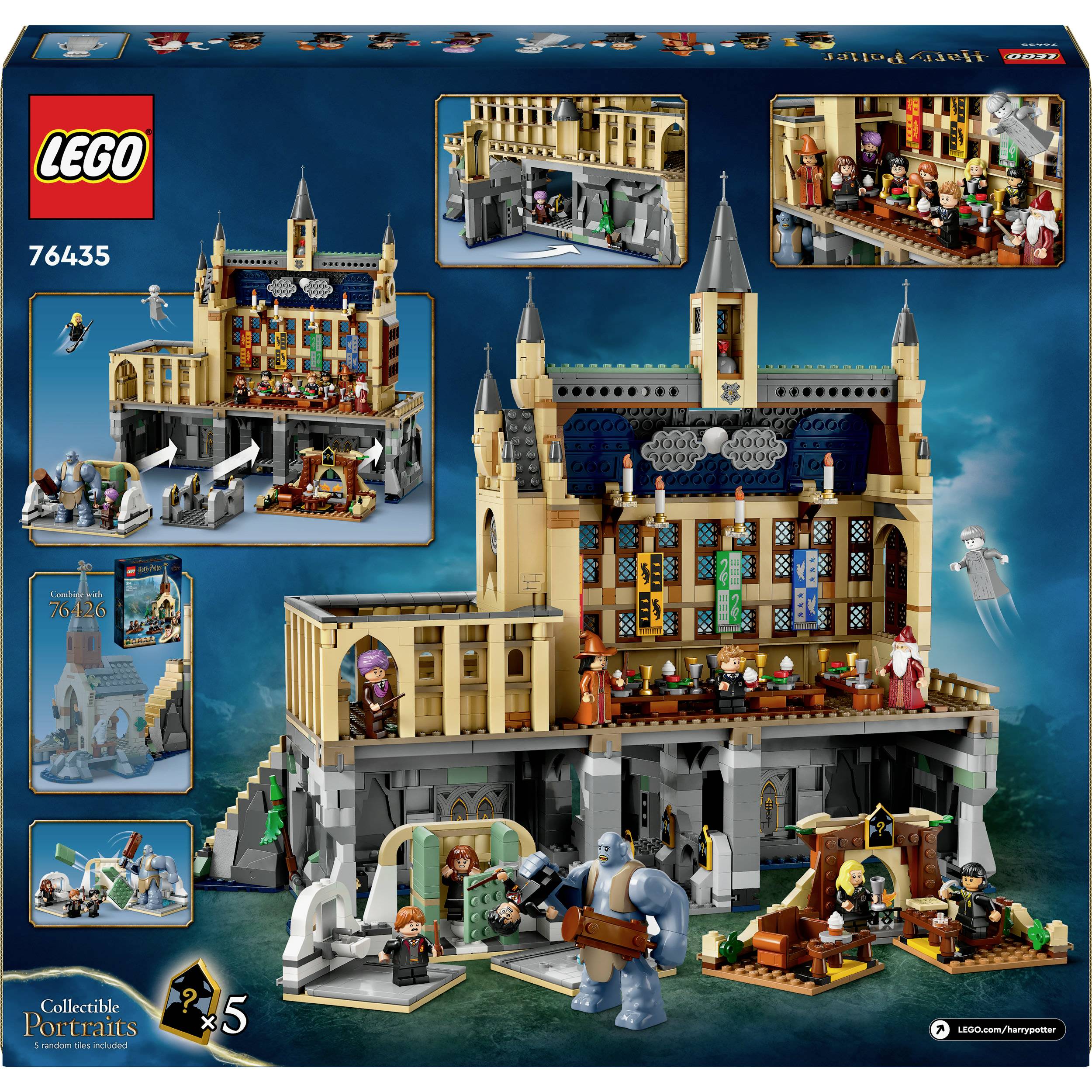 Un coffret LEGO sur le thème de Harry Potter représente le château de Poudlard. Il comprend plusieurs figurines et pièces permettant de reconstituer des scènes emblématiques.