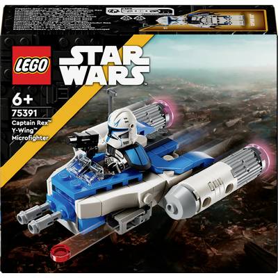 Ensemble Lego Star Wars 75391 avec le Microchaseur Y-Wing du Capitaine Rex, adapté aux enfants à partir de 6 ans. Image de l'emballage présentant l'avion et la figurine.
