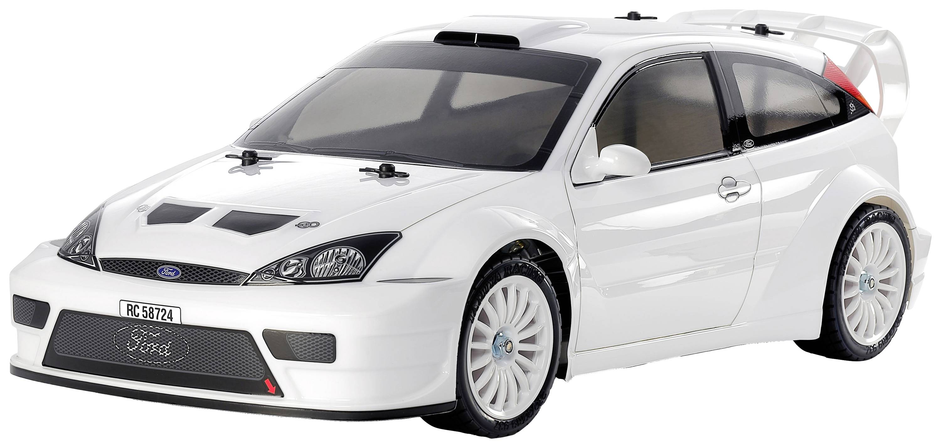 Une voiture télécommandée blanche de style rallye, avec des formes aérodynamiques et des détails qui mettent en valeur la vitesse et le caractère sportif.
