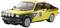 Voiture miniature jaune de style rallye, numéro 16, avec des détails noirs et des phares supplémentaires. Logo Opel sur le côté.