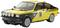 Une voiture miniature jaune et noire portant le numéro 16, conçue comme une voiture de rallye avec quatre phares avant, avec des inscriptions sur les côtés.