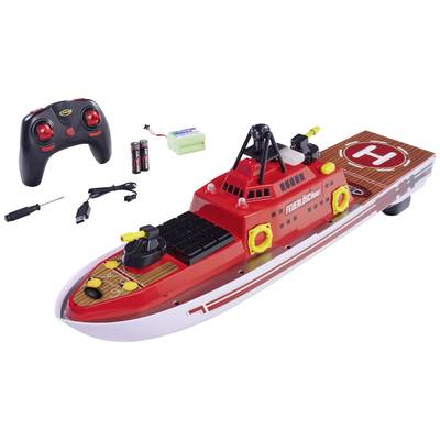 Bateau de pompiers télécommandé rouge avec accessoires : télécommande, batteries, chargeur et tournevis. Idéal pour les enfants.