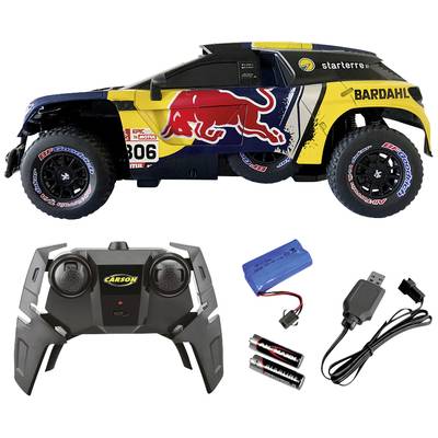 Voiture télécommandée avec design de course bleu et jaune, logos marquants et autocollants. Comprend une télécommande, une batterie, des piles et un chargeur.