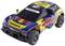Voiture miniature de style rallye, principalement bleue et jaune, avec des logos de sponsors et des détails réalistes.