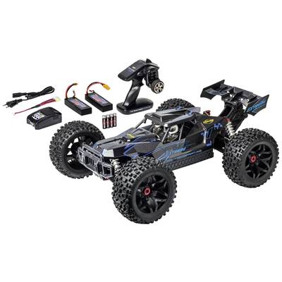 Voiture télécommandée avec des pneus robustes et à gros crampons. Comprend des batteries, un chargeur, une télécommande et des câbles. Idéal pour les aventures tout-terrain.