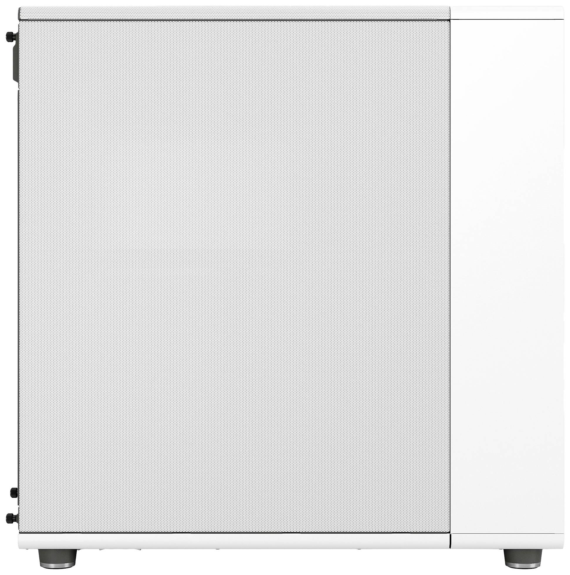 Un boîtier d'ordinateur blanc au design minimaliste, avec un panneau avant fermé et une grille de ventilation sur le côté.