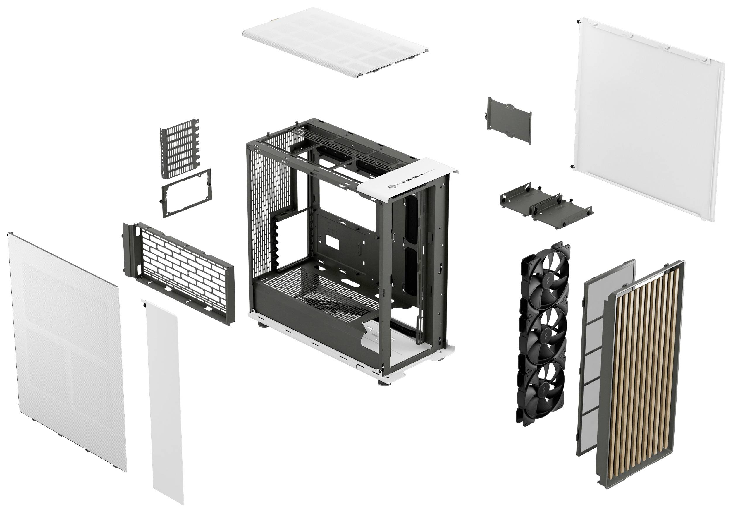 Boîtier d'ordinateur en vue éclatée : Châssis central entouré de panneaux amovibles, de ventilateurs et de filtres. Illustre le placement des composants.