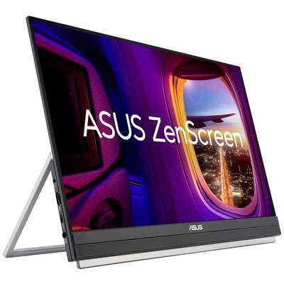 Un moniteur ASUS ZenScreen affiche l'image d'une vue depuis un avion au coucher du soleil. L'écran est équipé d'un support pliable.