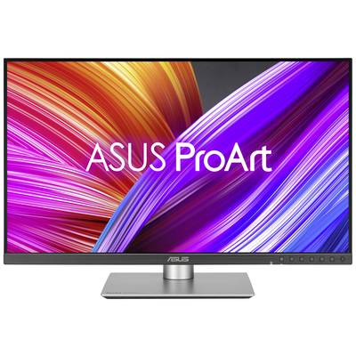 Un moniteur ASUS ProArt affiche un design abstrait aux couleurs vives sur l'écran, avec des lignes courbes violettes et orangées.