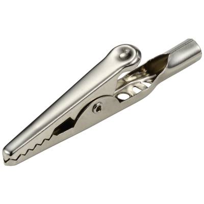 Un clip de connexion en métal couleur argent, en forme de pince crocodile, vu de côté, généralement utilisé pour fixer des câbles.