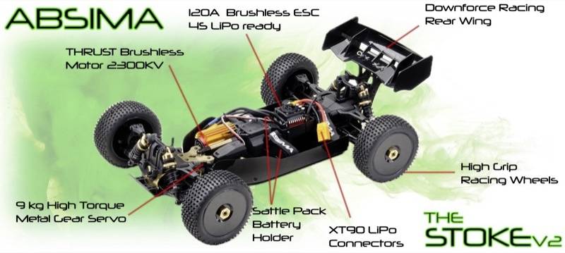 'RC-Auto avec moteur Brushless 2300KV, ESC 120A, LiPo 4S, aileron de course, couplage métallique, connecteur LiPo XT90, pneus de course.'