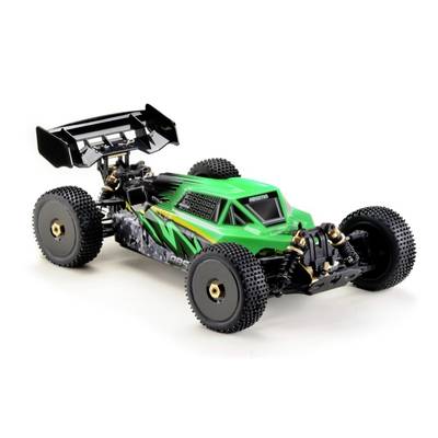 Voiture télécommandée verte de style tout-terrain avec de grandes roues et un aileron, vue de l'avant gauche.