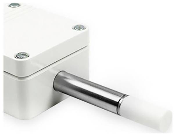 Un capteur rectangulaire blanc avec une sonde métallique s'étendant de son côté, généralement utilisé pour mesurer les conditions environnementales.