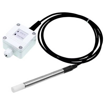 Un capteur numérique de température et d'humidité avec écran d'affichage indique « 27,3 °C » et « 28,5 RH ». Il comprend une sonde attachée par un câble.