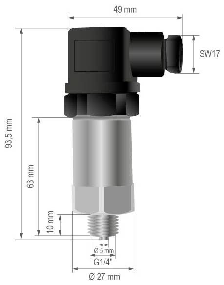 Dessin technique coté d'un connecteur à angle droit, montrant une taille globale de 93,5 mm, une largeur de 49 mm, SW17, une extrémité filetée G1/4", et un corps de Ø27 mm.