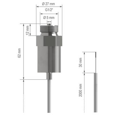 Dessin technique d'un capteur de sonde cylindrique avec sommet fileté et cordon de câble, montrant les dimensions : diamètre 27 mm, filetage G1/2, ouverture 5 mm, corps 62 mm, câble 2000 mm.