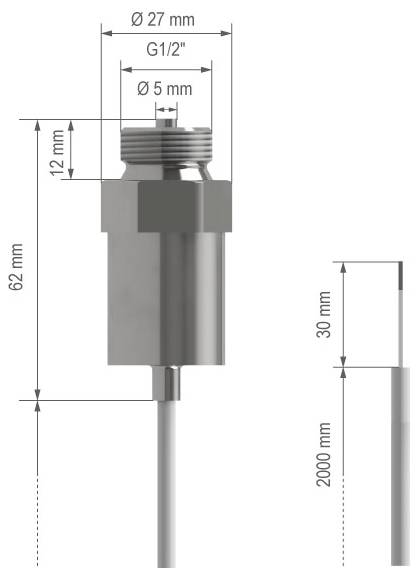 Dessin technique dimensionné d'un capteur de sonde cylindrique avec sommet fileté, montrant les mesures clés : diamètre de 27 mm, filetage G1/2, ouverture de 5 mm, corps de 62 mm, longueurs de câble de 30 mm et 2000 mm.