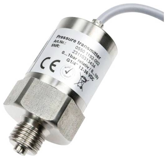Capteur transmetteur de pression en argent avec raccord métallique fileté et câble attaché sur fond blanc.