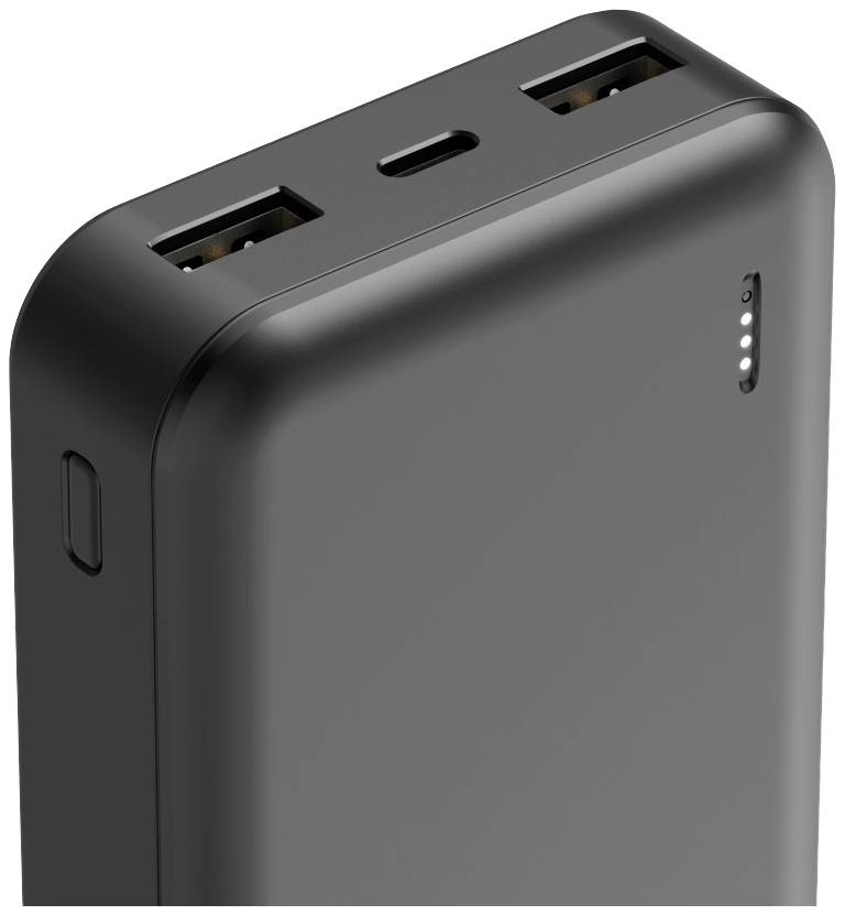 Batterie externe noire avec deux ports USB et un port USB-C. Les voyants LED indiquent l'état de charge.