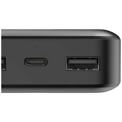 Gros plan sur une batterie externe noire avec trois ports : USB-C, USB-A et Micro-USB. Les ports sont visibles sur la face avant.