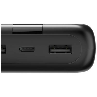 Un chargeur noir avec deux ports USB et un port USB-C, visible de côté.