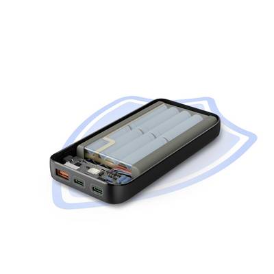 Une batterie ouverte révèle ses cellules internes et ses bornes. L'arrière-plan comporte un symbole de bouclier esquissé, suggérant la protection.