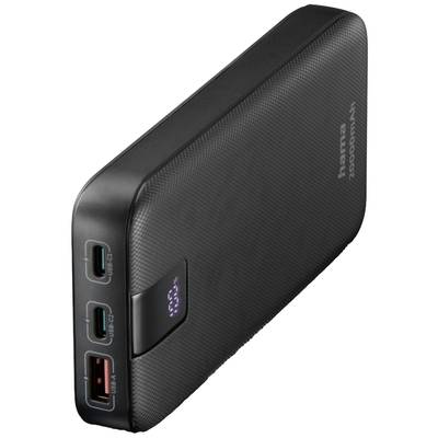 Batterie externe portable en noir avec trois ports USB, dont un port USB-C, et affichage numérique du niveau de batterie.