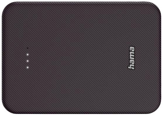 Batterie externe portable avec trois voyants LED lumineux sur le dessus indiquant le niveau de charge. Marque 'hama' à droite.