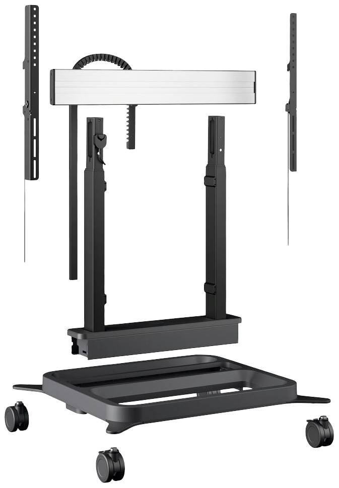 Support de téléviseur réglable en hauteur avec roulettes, supports amovibles et design noir et argenté, pour un positionnement flexible de l'écran.