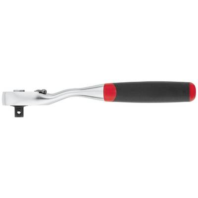 Clé à cliquet avec poignée en caoutchouc noir et rouge, tête métallique orientée vers la gauche. Adaptée aux travaux de vissage dans des espaces restreints.
