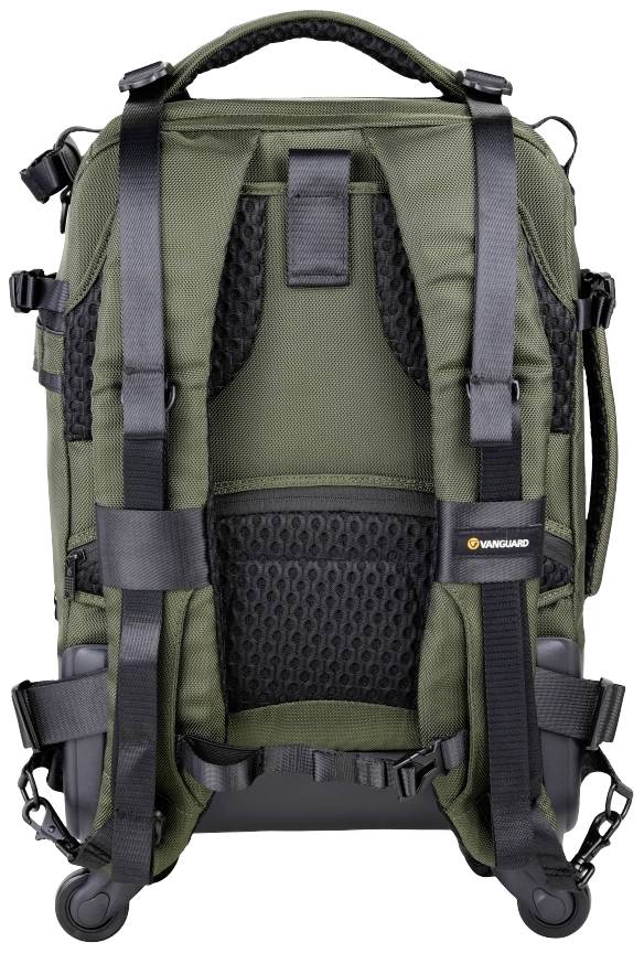 Sac à dos vert avec des sangles noires et des bretelles rembourrées, vue de dos. Marqué 'Vanguard'.