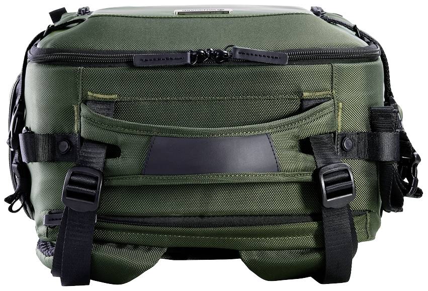 Sacoche de caméra verte avec sangles et fermetures éclair noires, vue de face, design robuste.