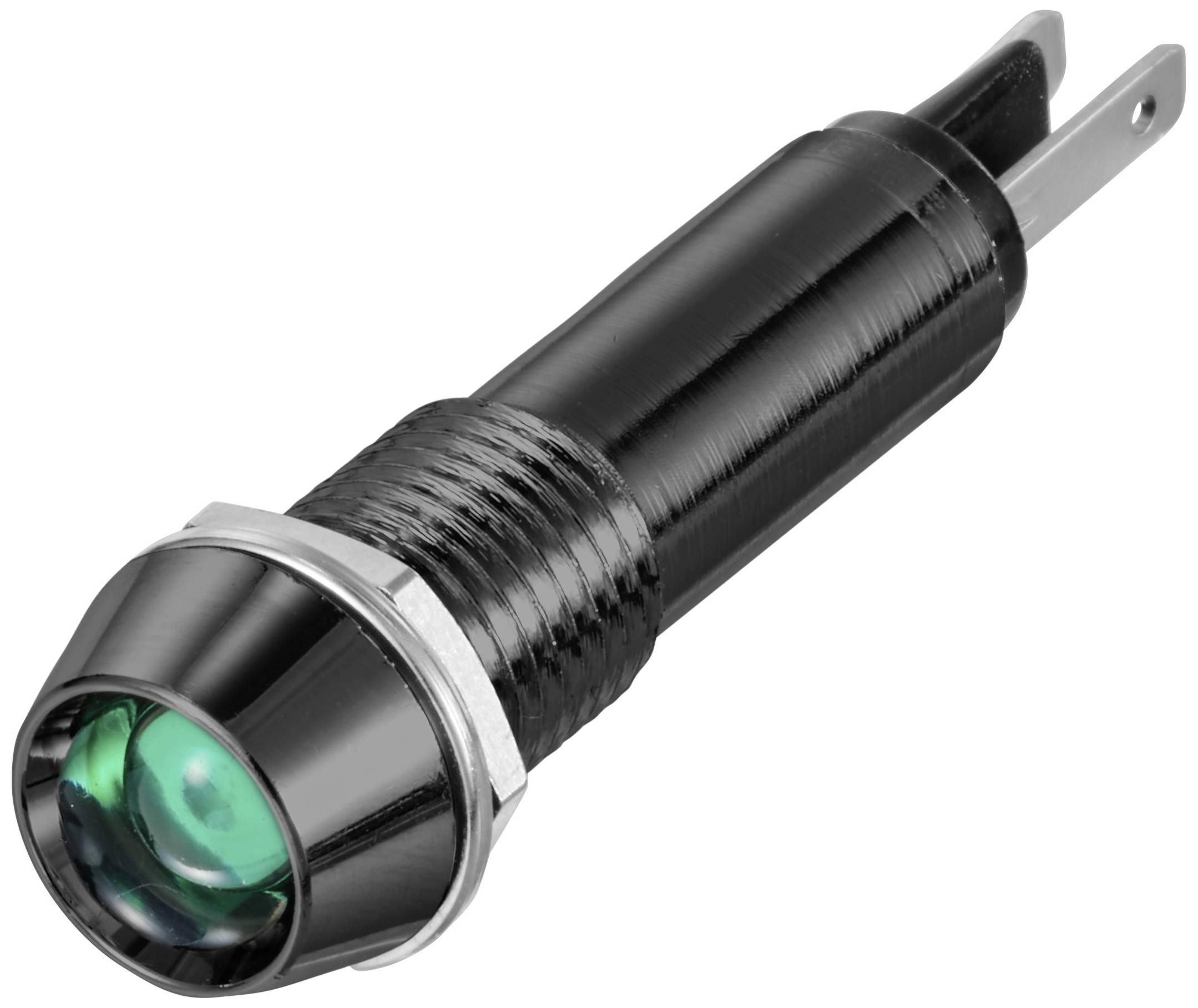 Voyant de contrôle noir avec lumière verte, long d'environ 5 centimètres, adapté aux applications électroniques et au montage en panneau.