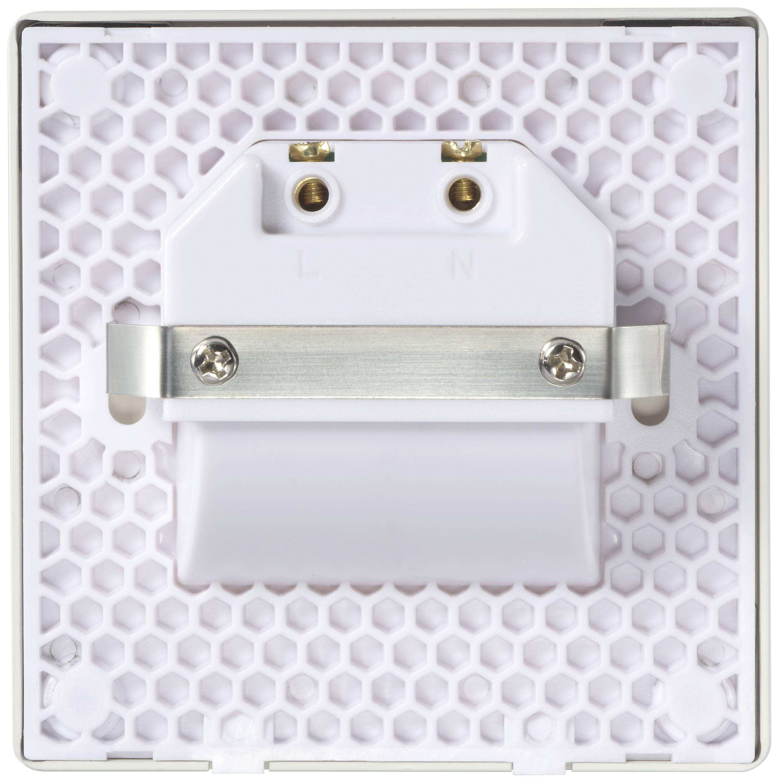 Vue arrière d'un interrupteur électrique blanc à deux bornes, marquées 'L' et 'N', monté sur un motif hexagonal.