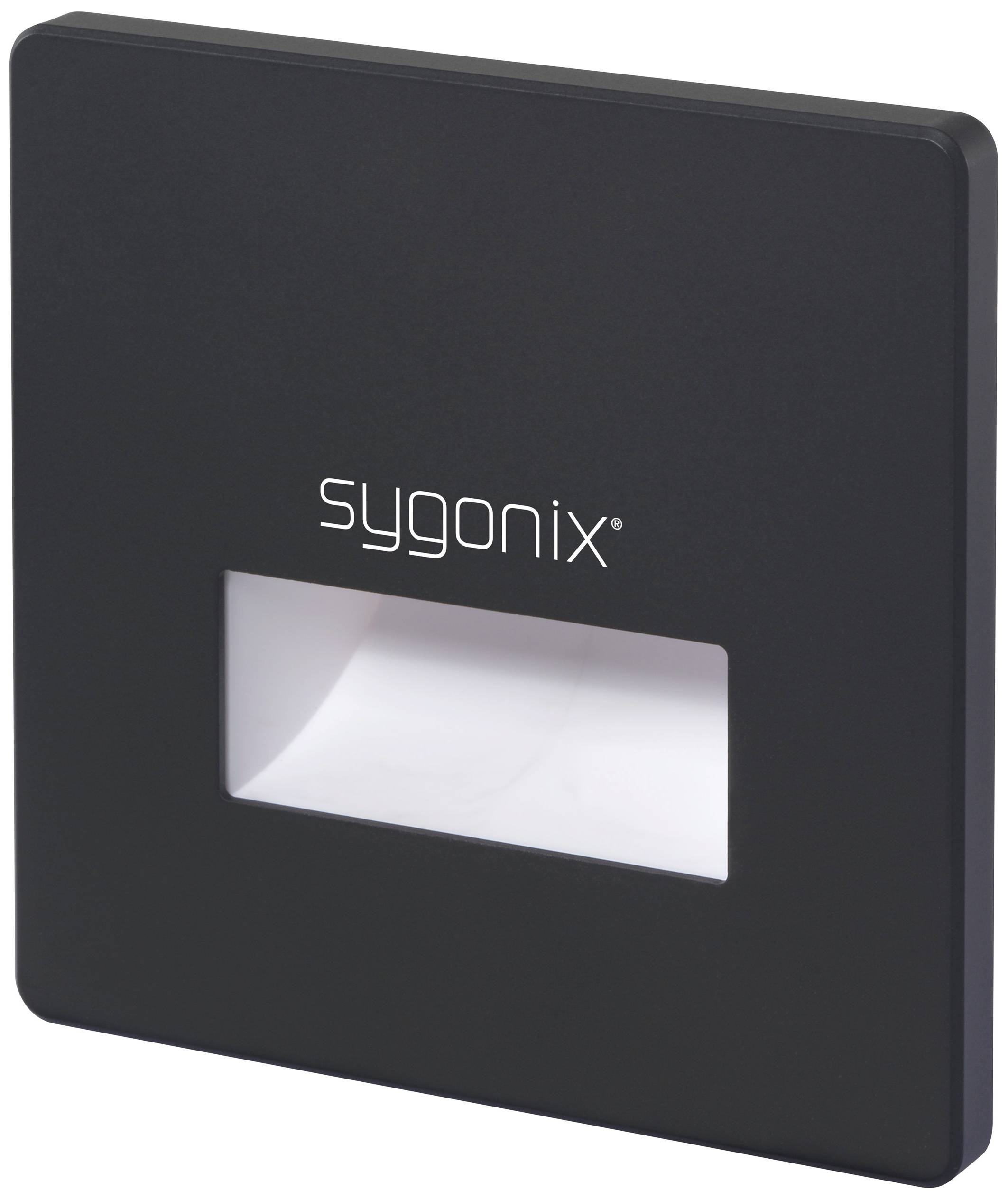Interrupteur Sygonix noir avec fenêtre rectangulaire au centre, design moderne.