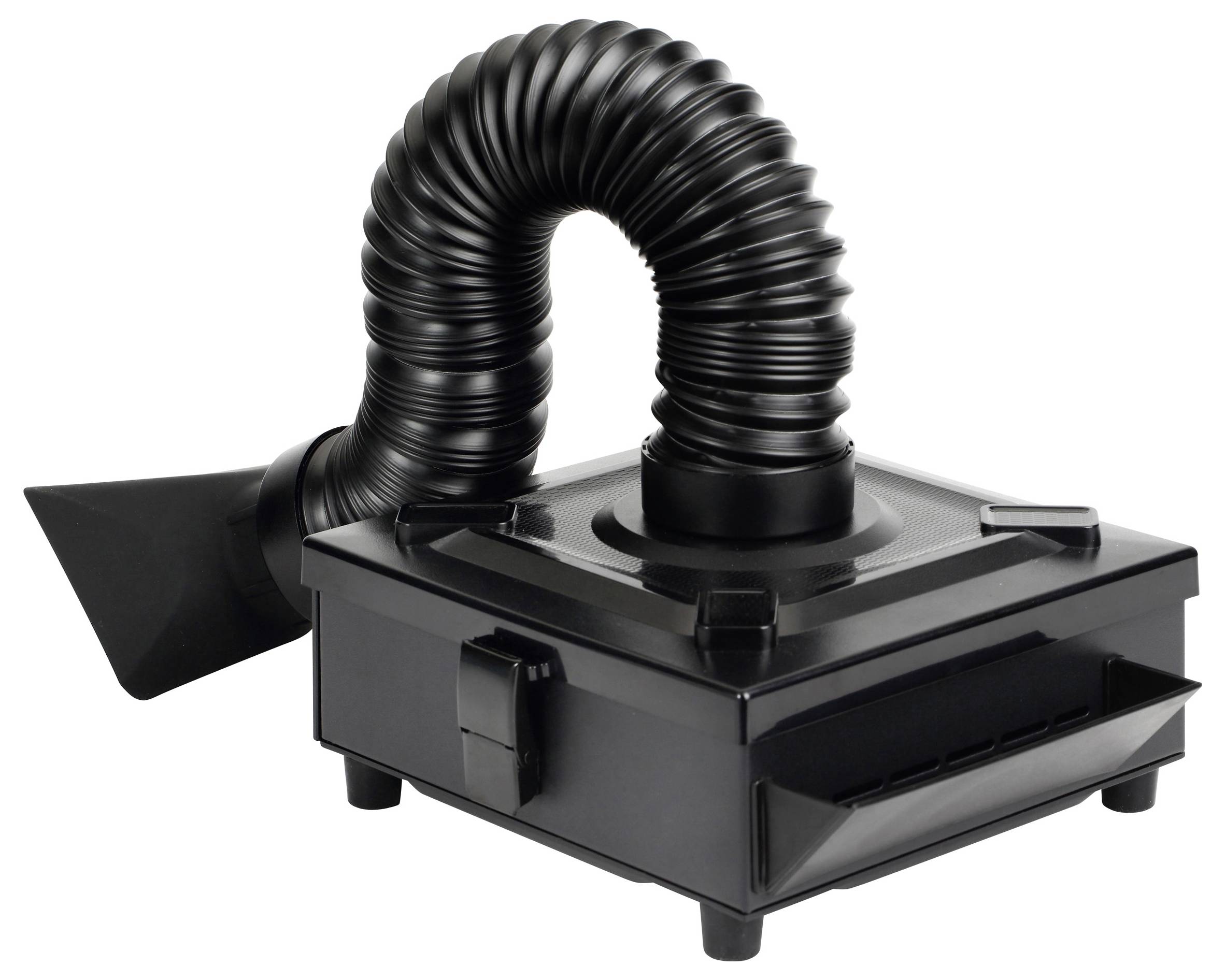 Bras d'aspiration noir, rectangulaire, avec un tuyau flexible, utilisé pour éliminer la fumée ou les vapeurs dans les zones de travail.