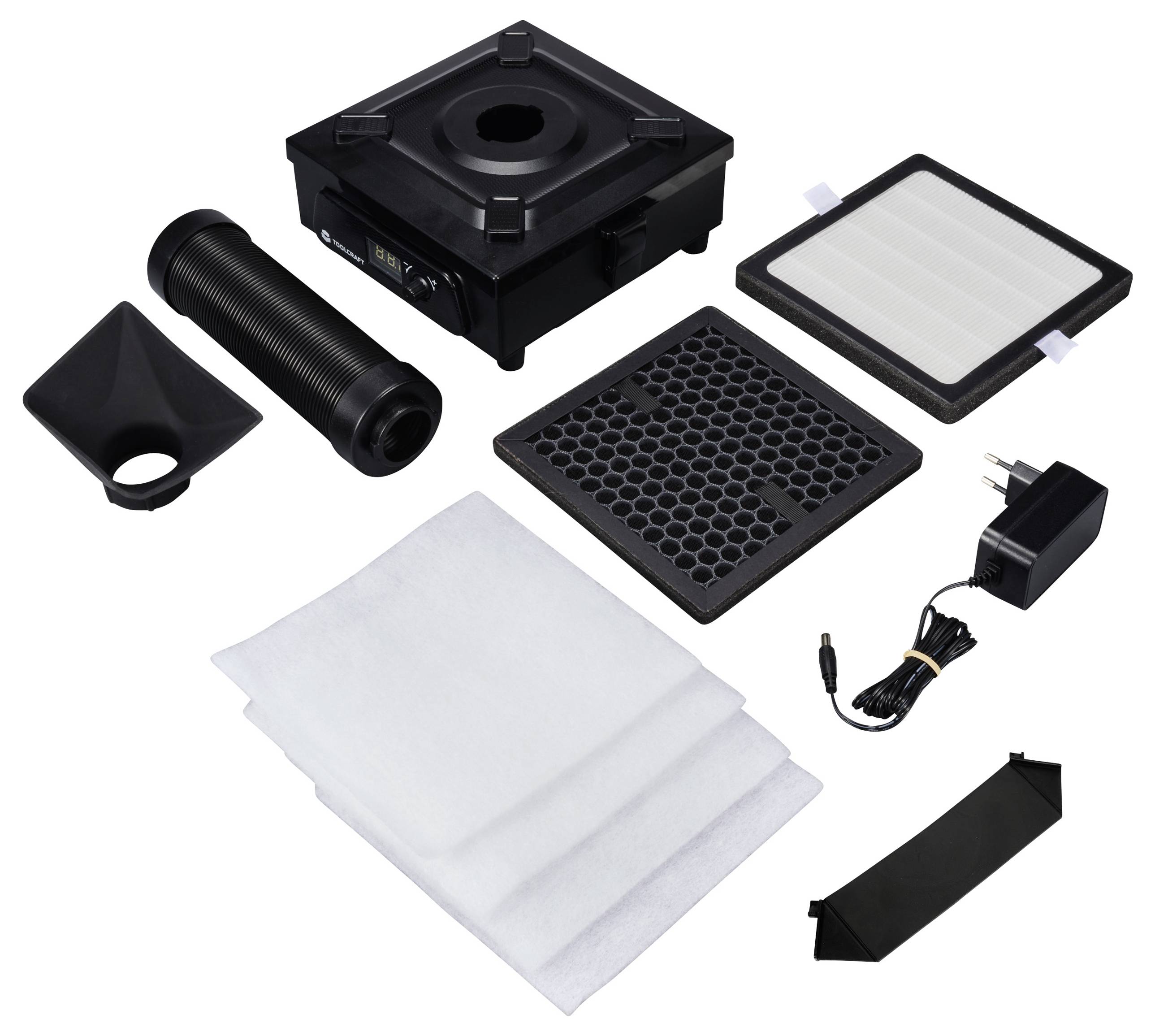 Kit de purificateur d'air comprenant des filtres, un adaptateur, un câble d'alimentation et autres accessoires, prêt à être assemblé.