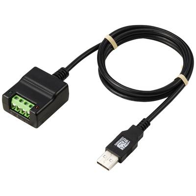 Câble USB avec adaptateur noir contenant quatre bornes de connexion vertes à vis pour raccordements électriques.