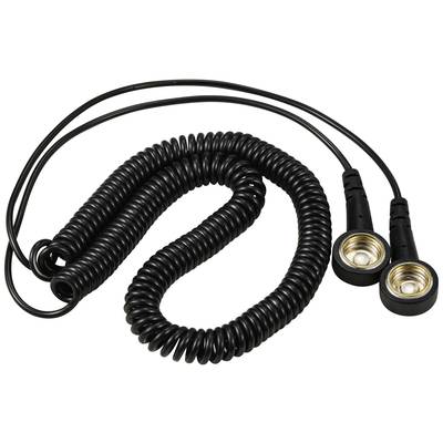 Câble spiralé noir avec deux connexions rondes à chaque extrémité, probablement destiné à être utilisé dans des appareils électroniques ou des véhicules.