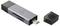Un lecteur de carte USB-C argenté avec un capuchon noir, adapté aux cartes SD et microSD, est posé sur un fond blanc.