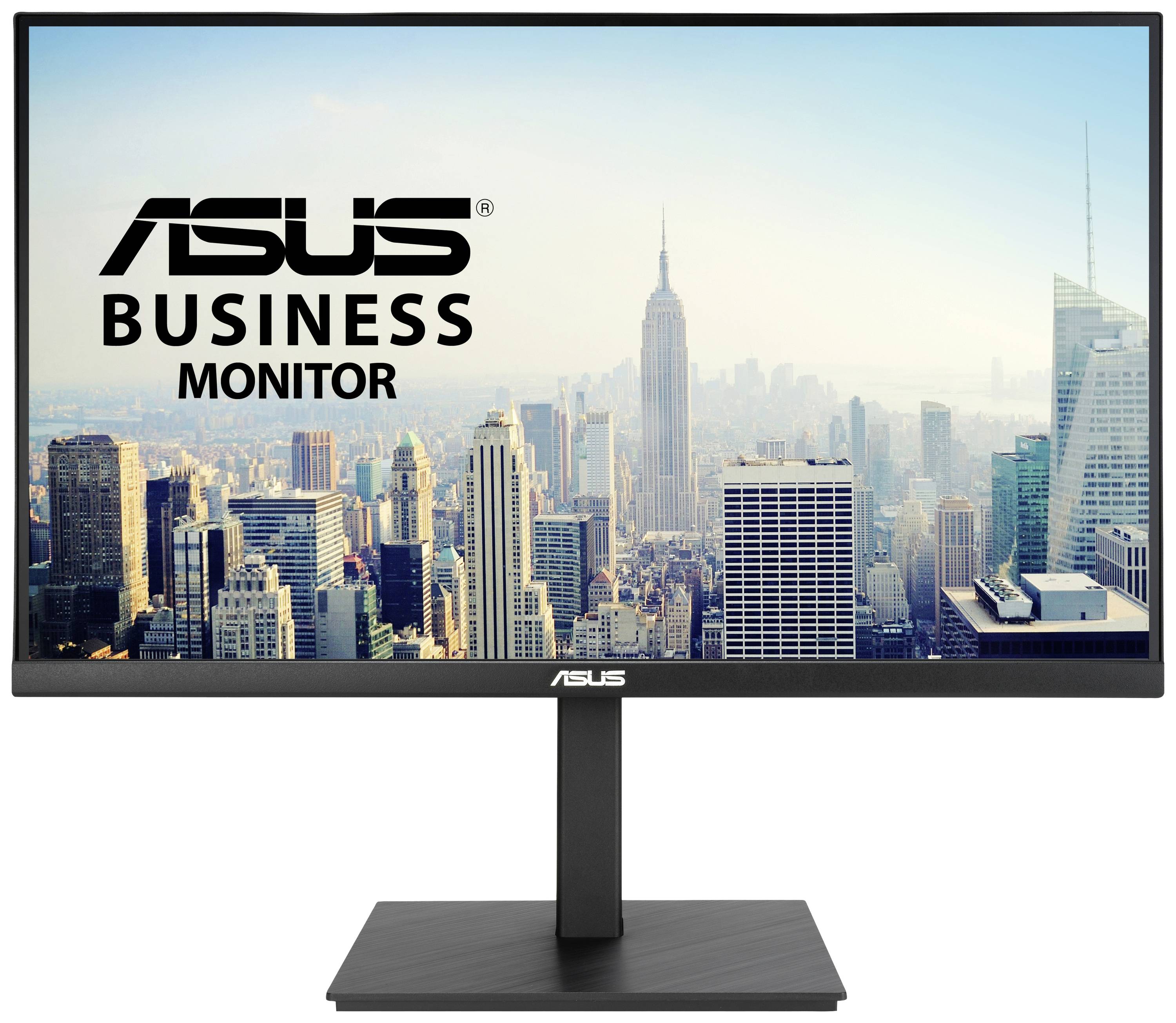 Moniteur ASUS avec un paysage urbain en arrière-plan, promu comme un 'Moniteur Professionnel', montrant une skyline avec des gratte-ciels sous un ciel bleu.