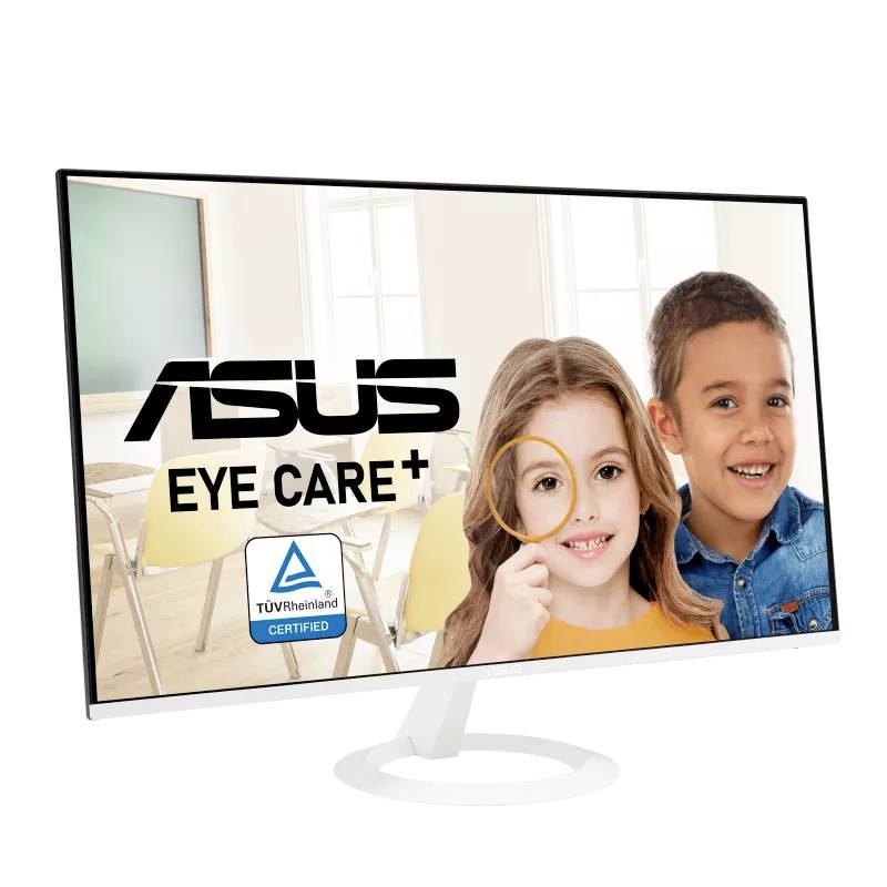 Écran d'ordinateur avec une fille et un garçon souriant en arrière-plan. Inscription 'ASUS Eye Care+' et certificat TÜV Rheinland.