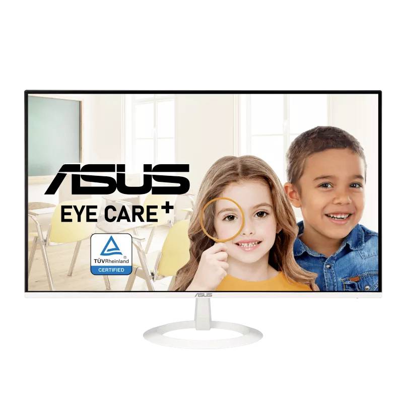 Un moniteur ASUS portant l'inscription 'Eye Care+'. Deux enfants souriants sont représentés, l'un tenant une loupe. Certifié par TÜV Rheinland.