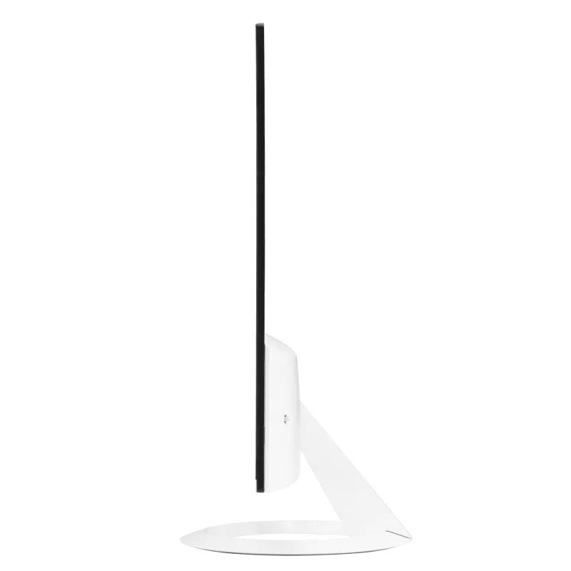 Un moniteur d'ordinateur ultra-fin vu de côté, avec un cadre blanc et un support, sur un fond blanc.