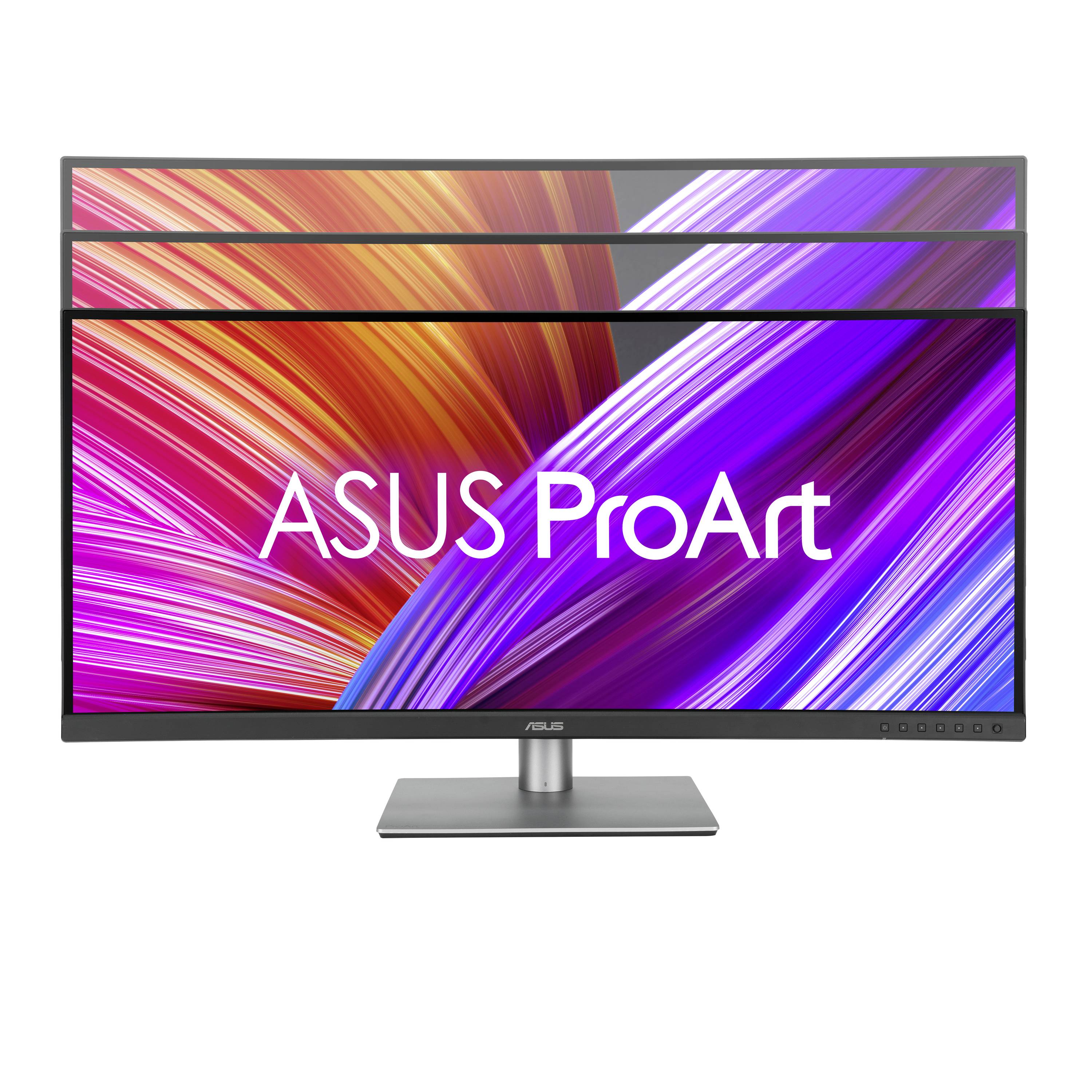 Un moniteur ASUS ProArt avec des motifs lumineux de lignes rouge-rose sur l'écran. Idéal pour le traitement professionnel d'images.