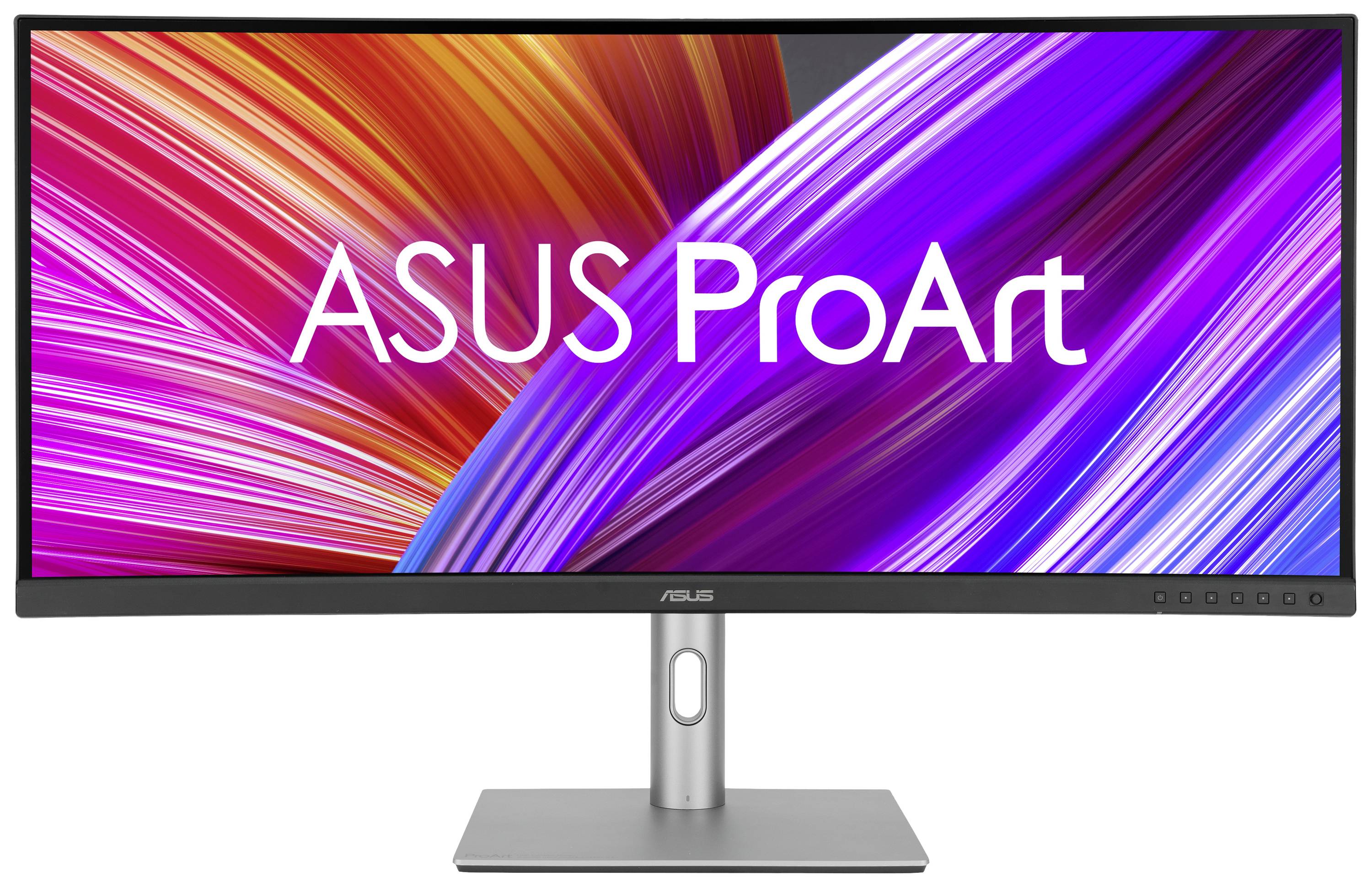 Un moniteur ASUS ProArt doté d'un écran ultralarge et riche en couleurs. L'image à l'écran présente des dégradés de couleurs dynamiques et vibrantes.