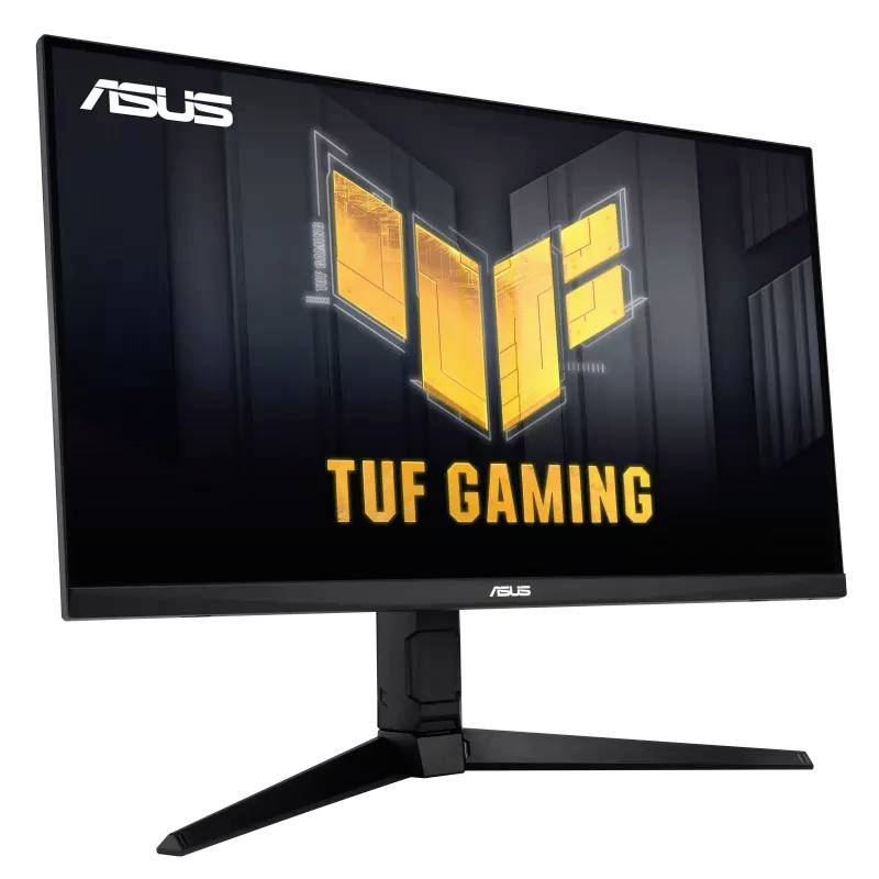 Un moniteur gaming ASUS TUF avec un design moderne et un socle noir. Le logo jaune 'TUF Gaming' est visible à l'écran.