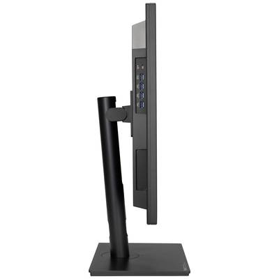 Écran d'ordinateur fin vu de côté, posé sur un socle noir comportant plusieurs ports USB.